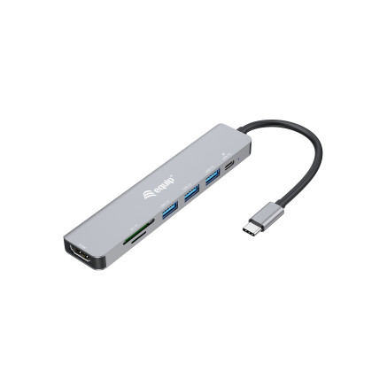 Equip 133494 Adaptateur multifonction USB-C 7 en 1, HDMI 4K 60Hz, USB 3.2 Gen1 x 3 , TF MICRO SD, 100W USB PD