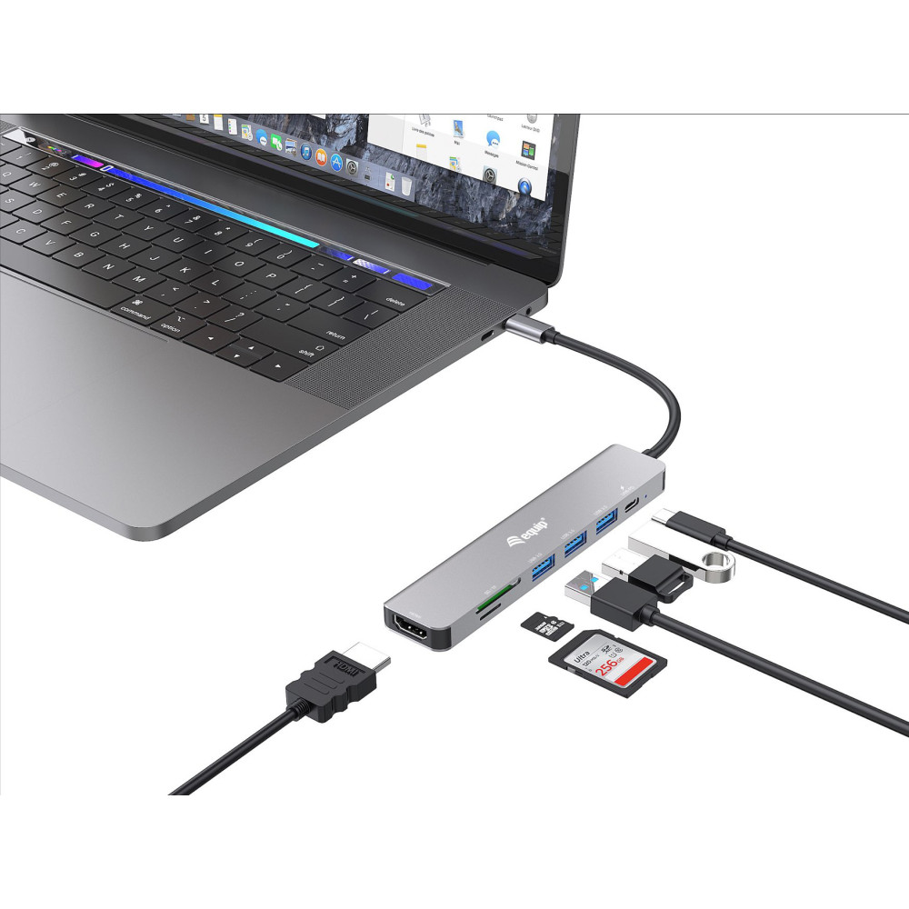 Equip 133494 Adaptateur multifonction USB-C 7 en 1, HDMI 4K 60Hz, USB 3.2 Gen1 x 3 , TF MICRO SD, 100W USB PD