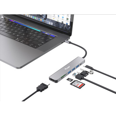 Equip 133494 Adaptateur multifonction USB-C 7 en 1, HDMI 4K 60Hz, USB 3.2 Gen1 x 3 , TF MICRO SD, 100W USB PD