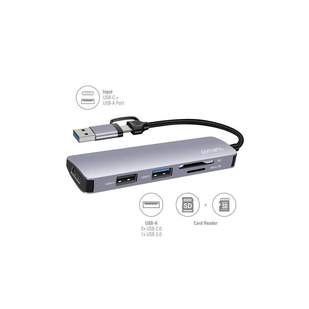 4smarts 469630 station d'accueil Avec fil USB 3.2 Gen 1 (3.1 Gen 1) Type-A + Type-C Gris