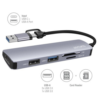 4smarts 469630 station d'accueil Avec fil USB 3.2 Gen 1 (3.1 Gen 1) Type-A + Type-C Gris