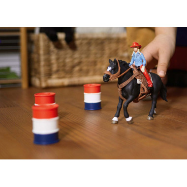 schleich FARM WORLD Cowgirl et Tonneaux de Racing