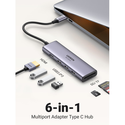 Ugreen CM511 5-in-1 Adapter USB-C Hub to 3x USB3.0 + HDMI + TF SD Gray