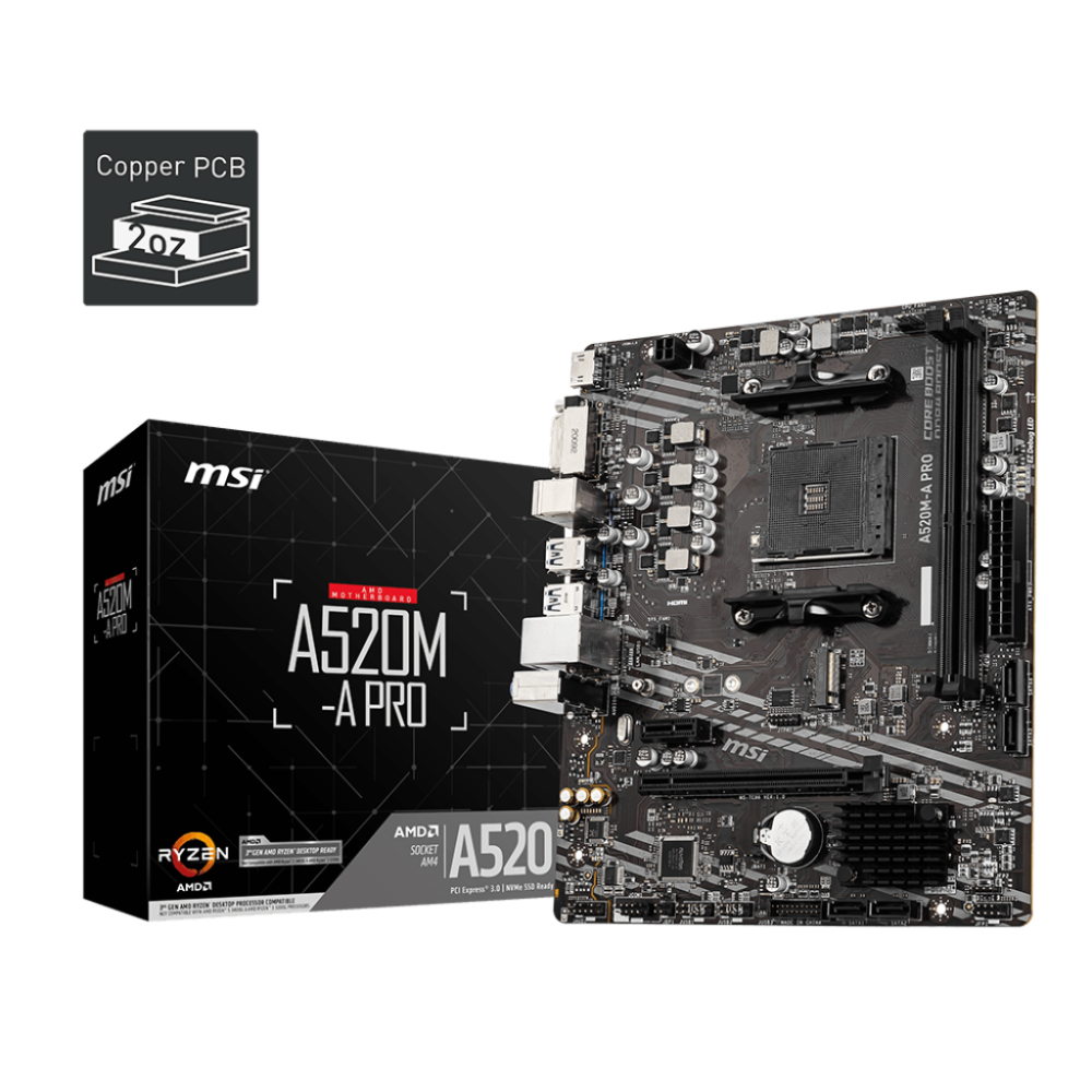 MSI A520M-A PRO - Carte mère MATX - AMD AM4 - 2x DDR4 - HDMI - DVI