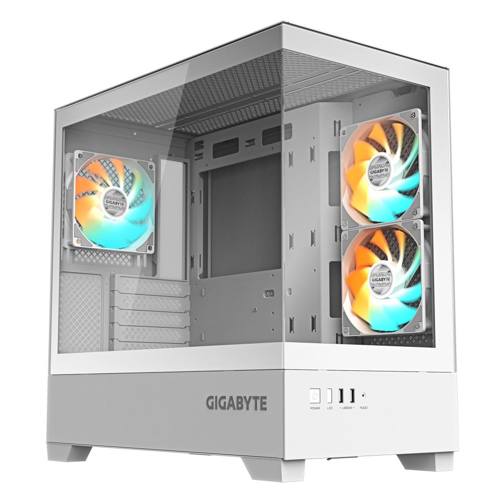 GIGABYTE C201 PANORAMIC ICE Boîtier PC – Moyen Tour, m-ATX, compatible radiateur 360 mm, 3 ventilateurs préinstallés, USB 3.0,