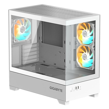 GIGABYTE C201 PANORAMIC ICE Boîtier PC – Moyen Tour, m-ATX, compatible radiateur 360 mm, 3 ventilateurs préinstallés, USB 3.0,
