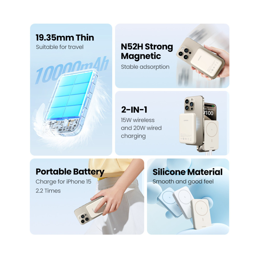 Ugreen 25208 banque d'alimentation électrique 10000 mAh Recharge sans fil Beige