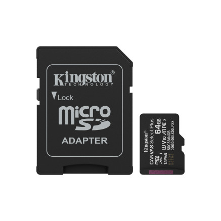 Kingston Technology 64GB microSDXC Canvas Select Plus Gen3 100MB s A1 (Adaptateur SD inclus)