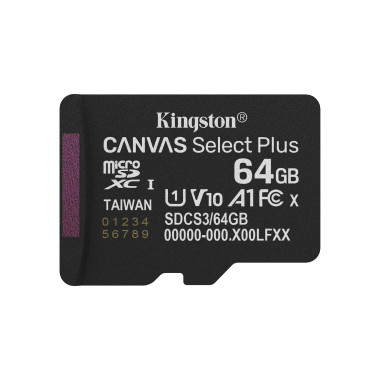 Kingston Technology 64GB microSDXC Canvas Select Plus Gen3 100MB s A1 (Adaptateur SD inclus)
