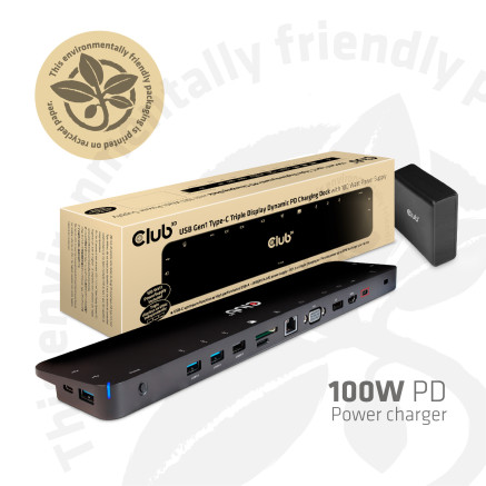 CLUB3D CSV-1564W100 station d'accueil USB 3.2 Gen 1 (3.1 Gen 1) Type-C Noir
