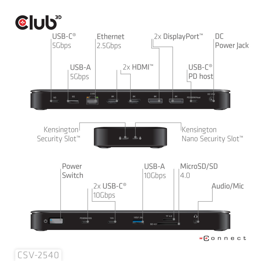 CLUB3D CSV-2540 station d'accueil USB 3.2 Gen 1 (3.1 Gen 1) Type-C Noir