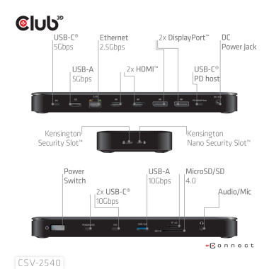 CLUB3D CSV-2540 station d'accueil USB 3.2 Gen 1 (3.1 Gen 1) Type-C Noir