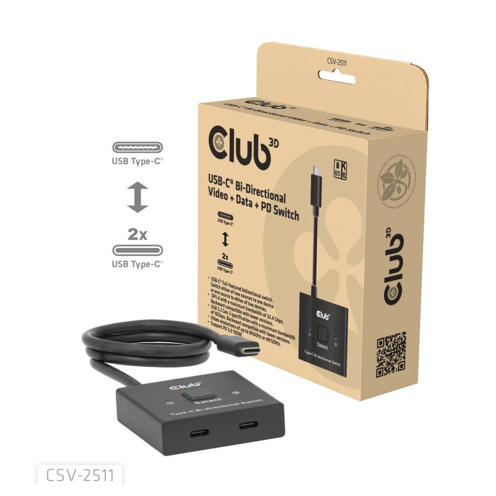 CLUB3D CSV-2511 répartiteur vidéo USB Type-C 2x DisplayPort