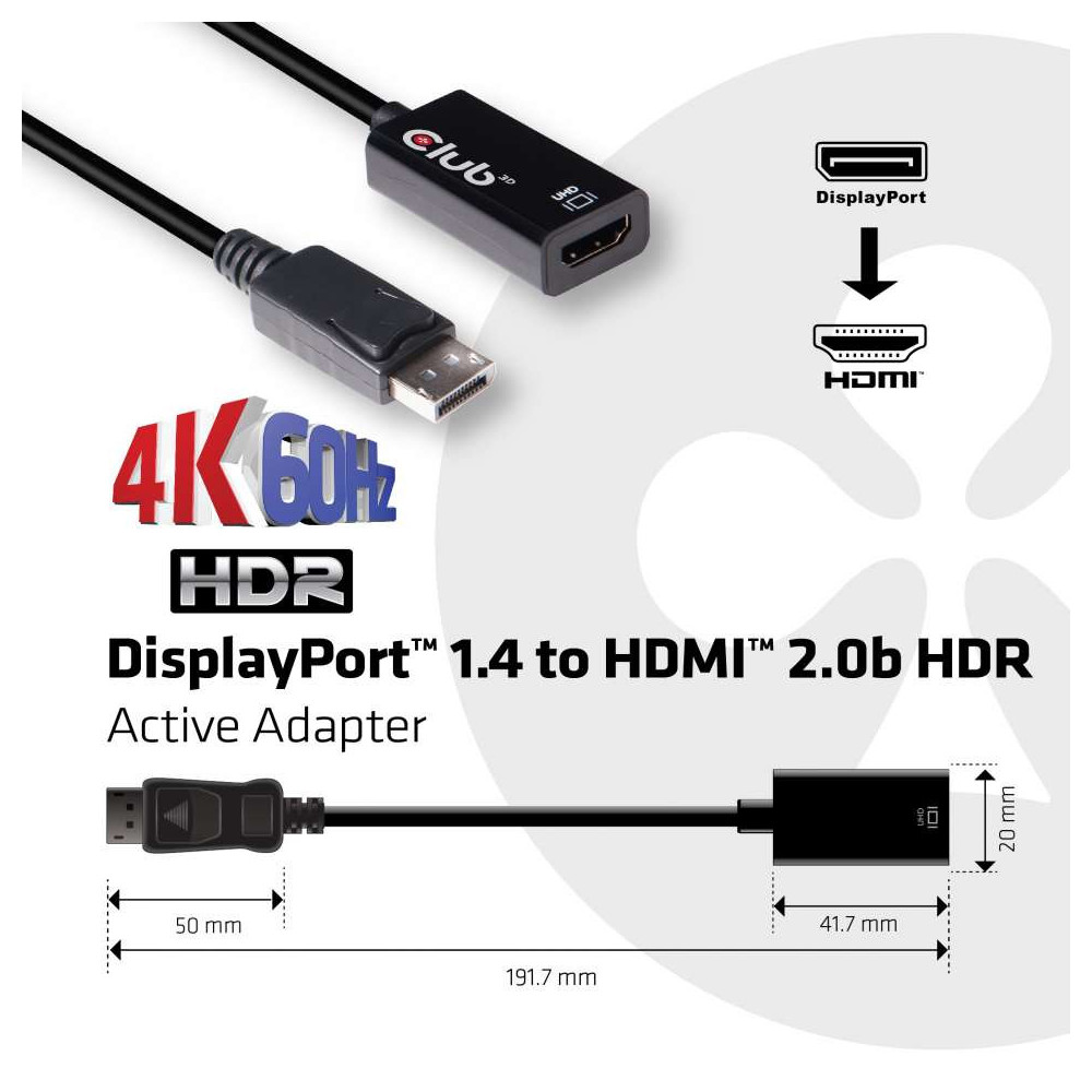 CLUB3D DisplayPort 1.4 to HDMI 2.0b HDR Active Adapter