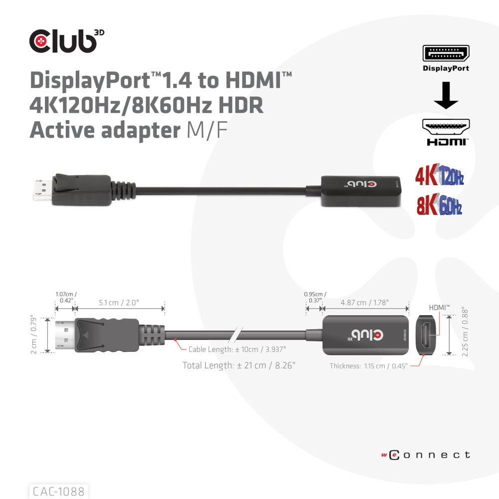 CLUB3D CAC-1088 câble vidéo et adaptateur 0,21 m DisplayPort HDMI Noir