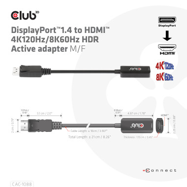 CLUB3D CAC-1088 câble vidéo et adaptateur 0,21 m DisplayPort HDMI Noir