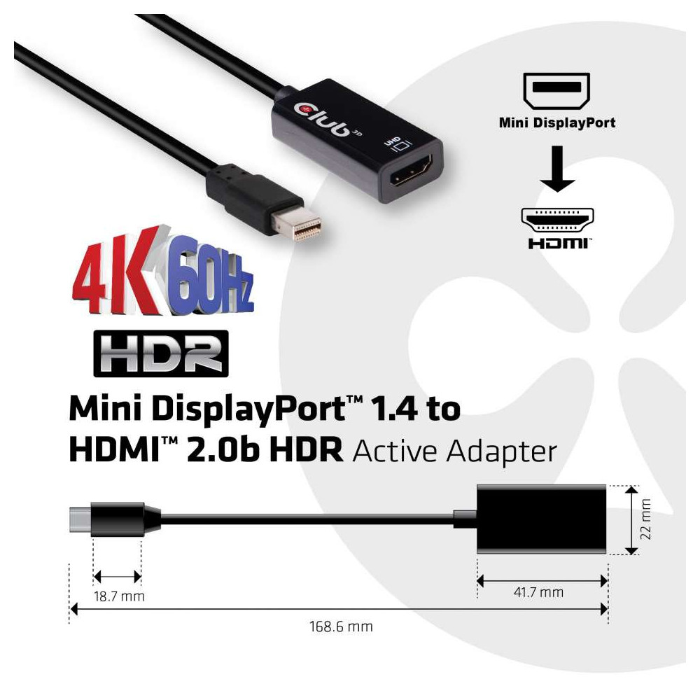 CLUB3D Mini DisplayPort 1.4 to HDMI 2.0b HDR Active Adapter