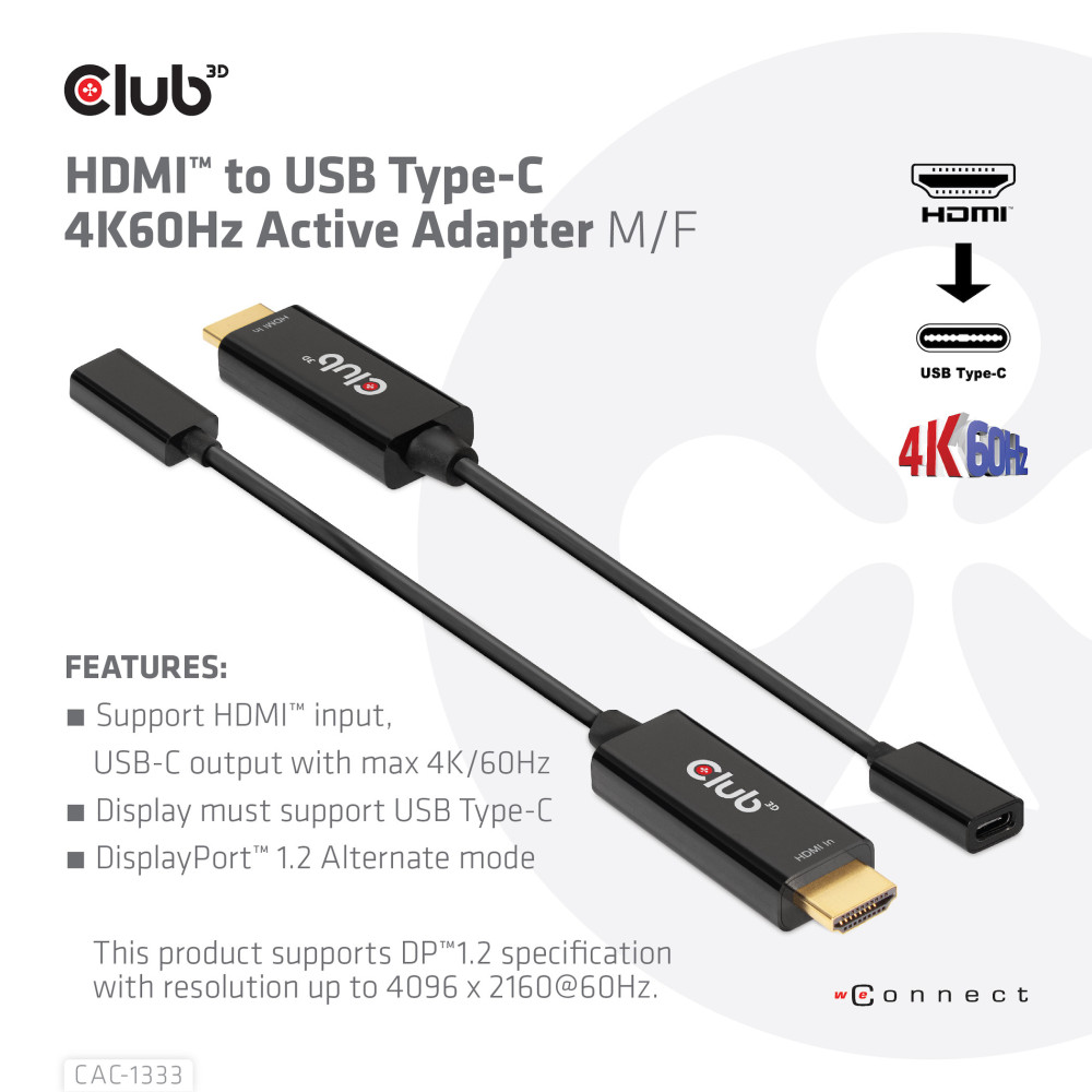 CLUB3D CAC-1333 câble vidéo et adaptateur 0,22 m HDMI Type A (Standard) USB Type-C Noir