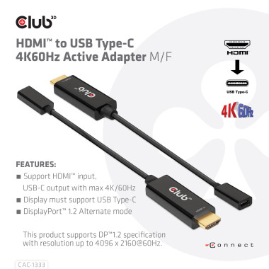 CLUB3D CAC-1333 câble vidéo et adaptateur 0,22 m HDMI Type A (Standard) USB Type-C Noir