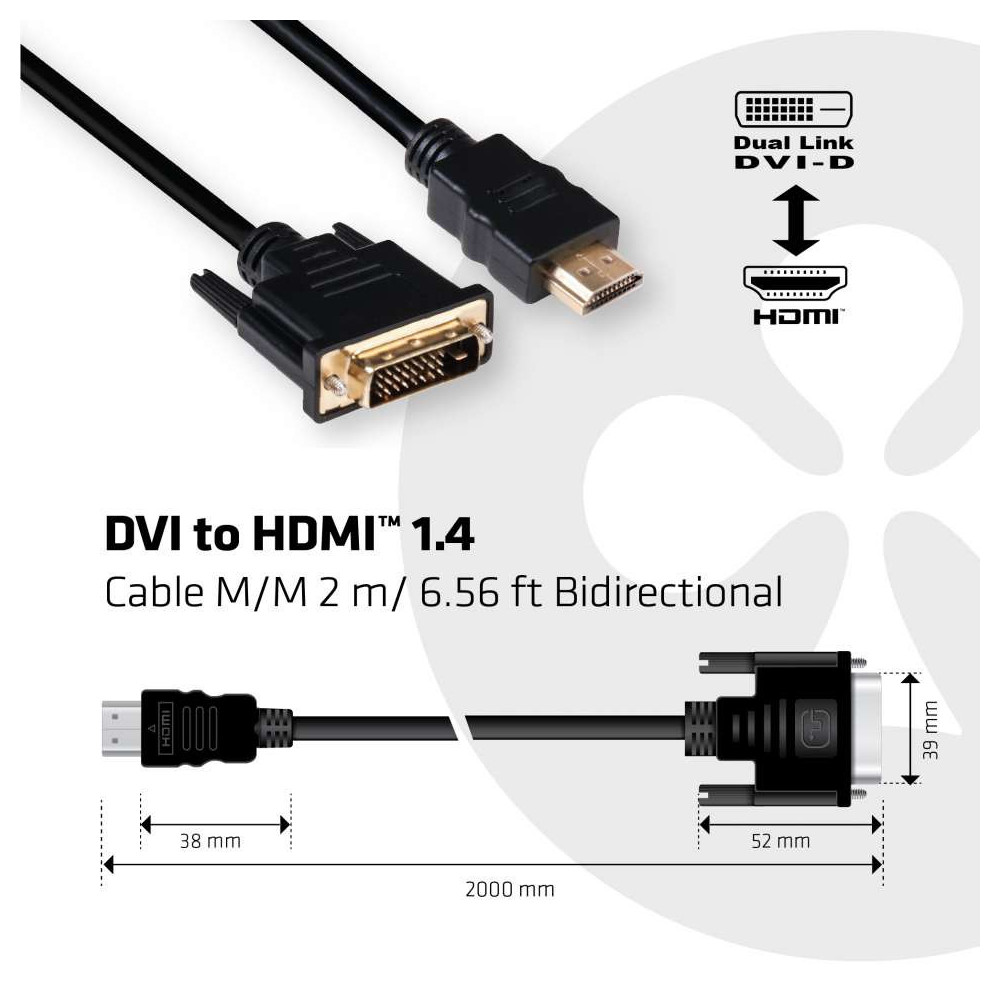 CLUB3D DVI to HDMI 1.4 Cable M M 2m  6.56ft Bidirectional