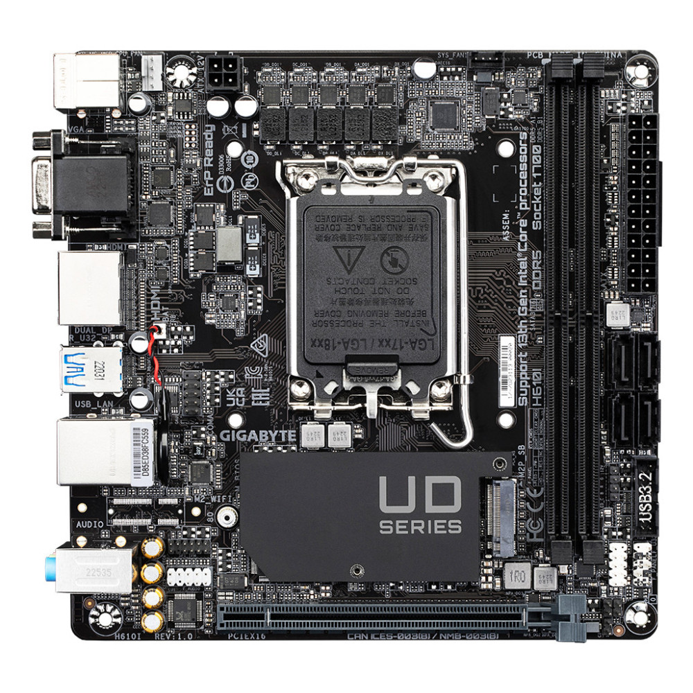 GIGABYTE H610I Carte mère - Prend en charge les processeurs Intel Core 14e génération, VRM numérique hybride 4+1+1, jusqu'à