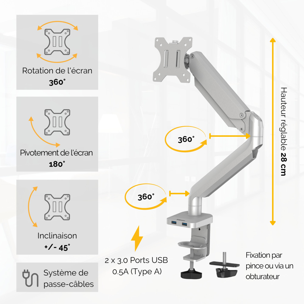 FELLOWES Bras Porte-Ecran Simple Gris