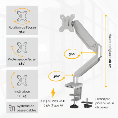 FELLOWES Bras Porte-Ecran Simple Gris