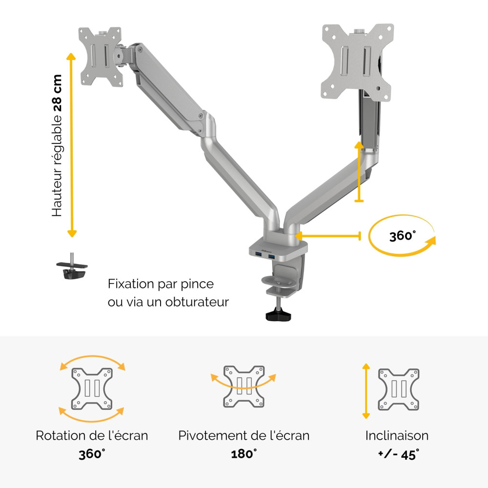 FELLOWES Bras Porte-Ecrans Double Gris