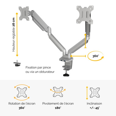 FELLOWES Bras Porte-Ecrans Double Gris