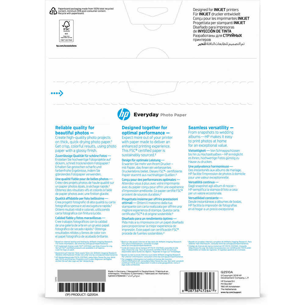 Hp everyday photo paper - papier - papier semi-brillant - a4 (210 x 297 mm) - 175 g m2 - 100 pc.
