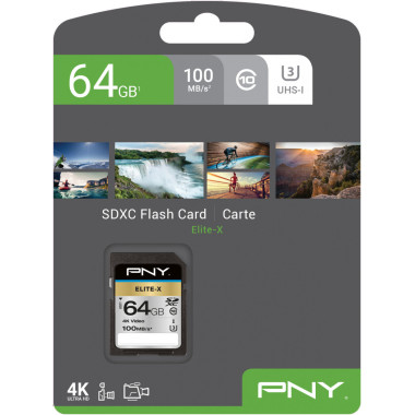 PNYMF039842 PNY ELITE-X SDXC Carte SD 64Go - CLASS 10 - U3 - V30 - 4K