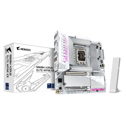 GIGABYTE B860M AORUS ELITE WF6E ICE Carte mère - Processeurs Intel Core Ultra, VRM 12+1+2+1 phases, jusqu'à 9200MHz DDR5,