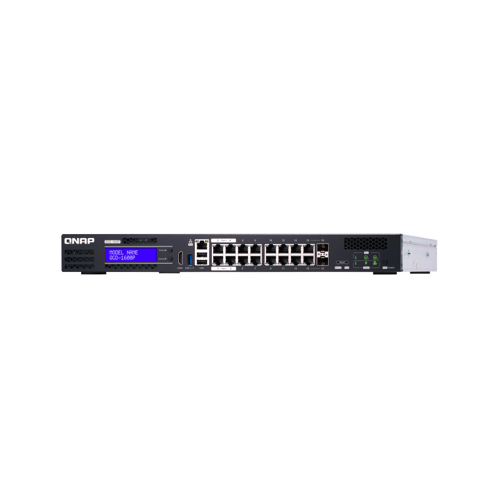 QNAP QGD-1600P Géré Gigabit Ethernet (10 100 1000) Connexion Ethernet, supportant l'alimentation via ce port (PoE) 1U Noir, Gris