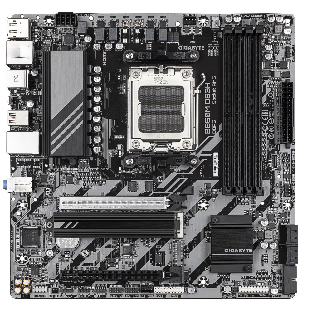GIGABYTE B850M DS3H Carte Mère - Processeurs AMD Ryzen Série 9000, 16+2+2 phases VRM numériques, jusqu'à 8200MHz DDR5 (OC),