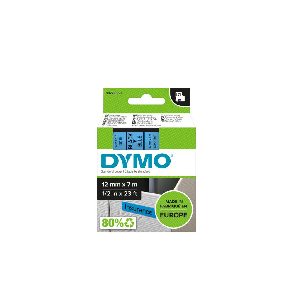 DYMO D1 - Standard Étiquettes - Noir sur bleu - 12mm x 7m
