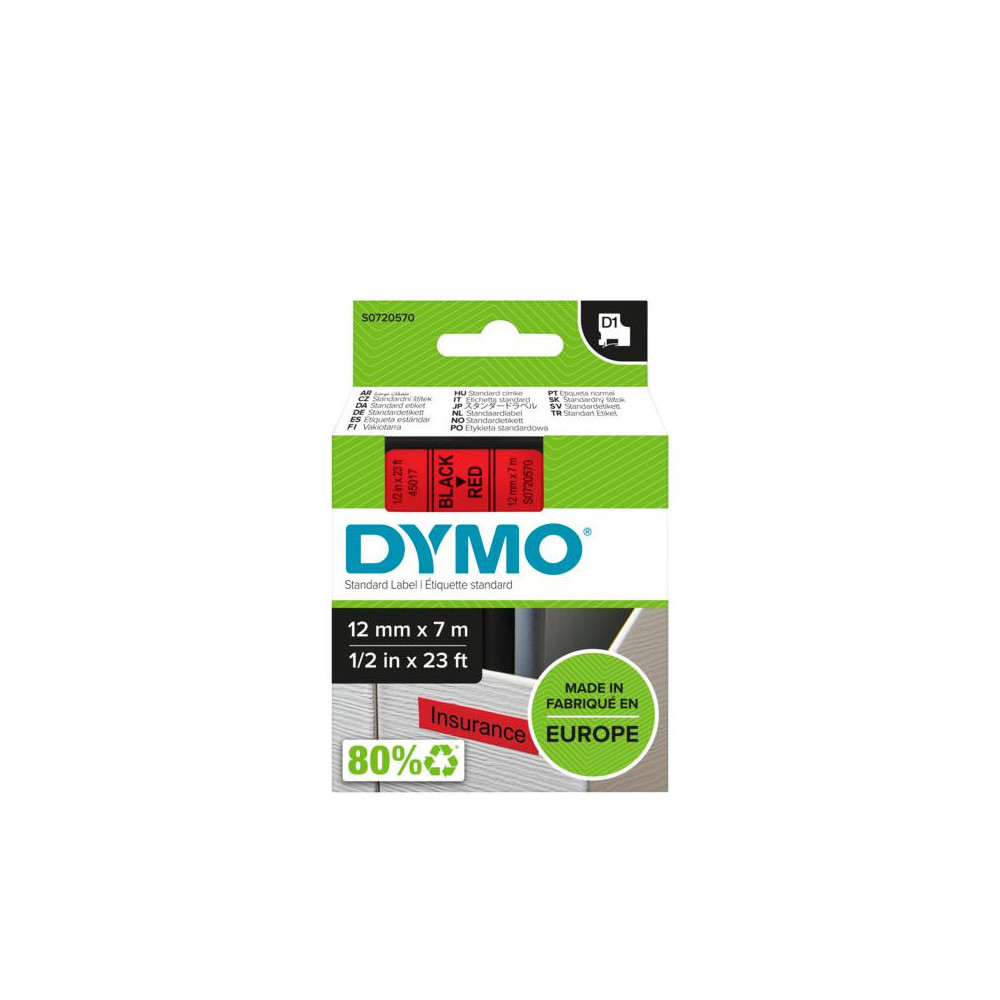 DYMO D1 - Standard Étiquettes - Noir sur rouge - 12mm x 7m