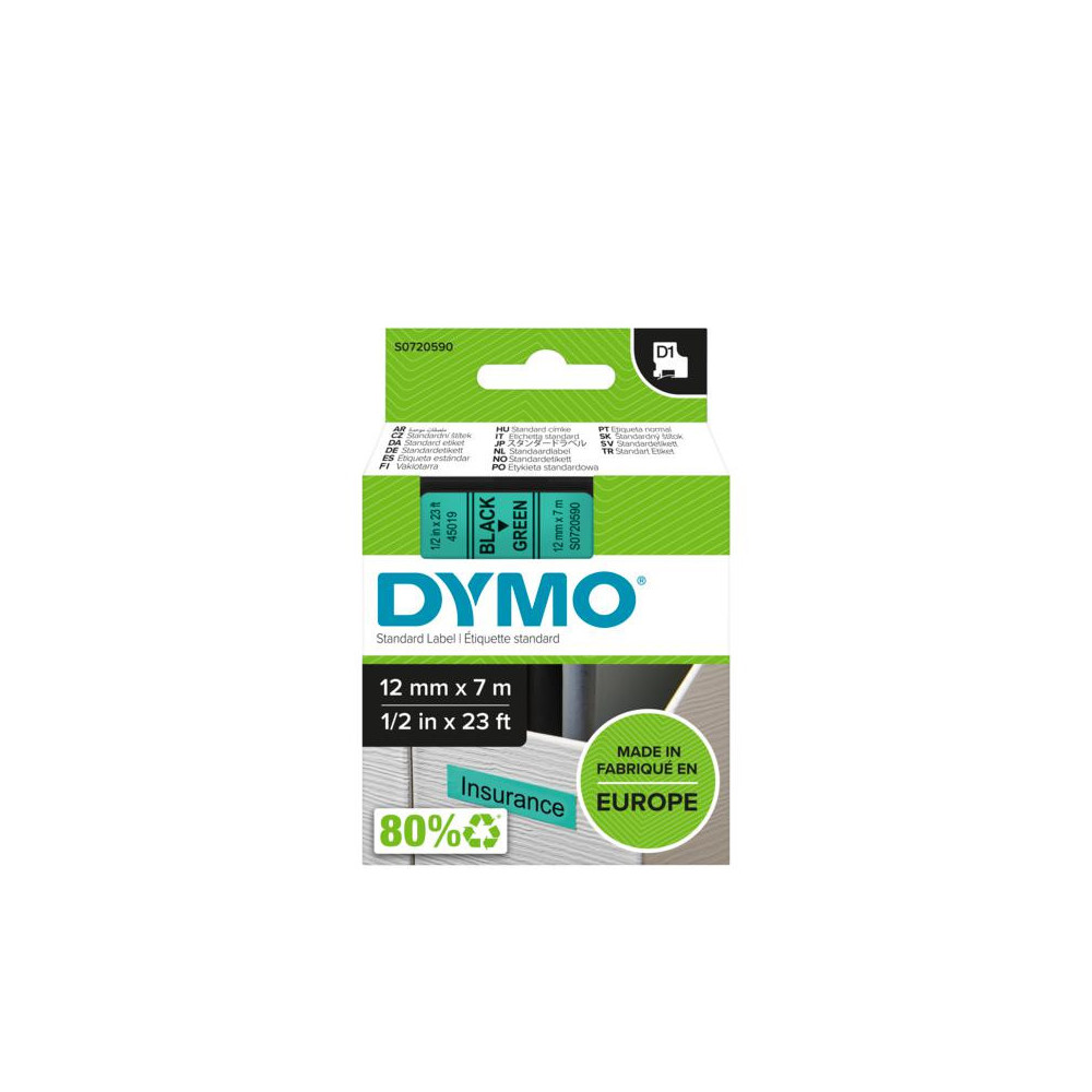DYMO D1 - Standard Étiquettes - Noir sur vert - 12mm x 7m