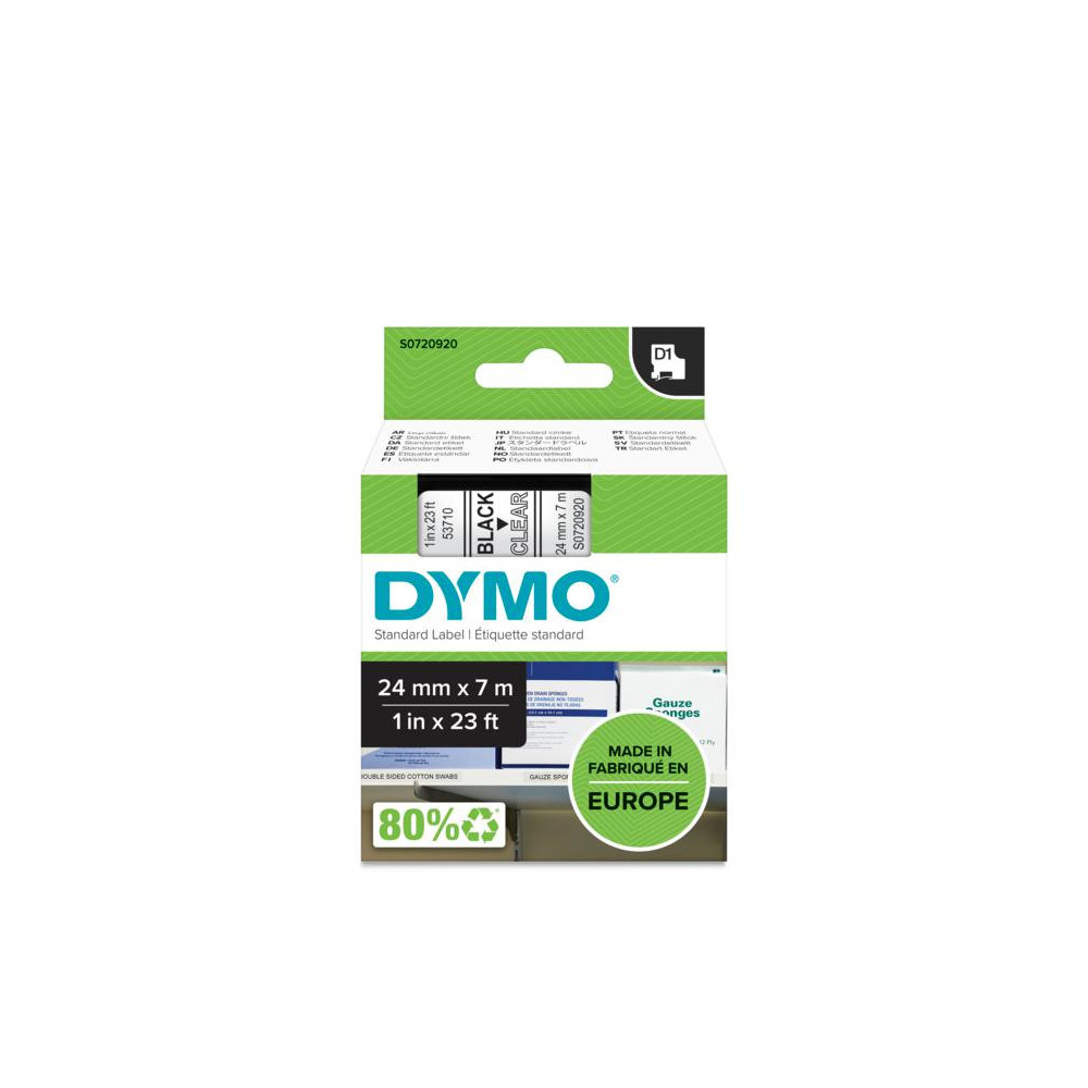 DYMO D1 - Standard Étiquettes - Noir sur transparent - 24mm x 7m