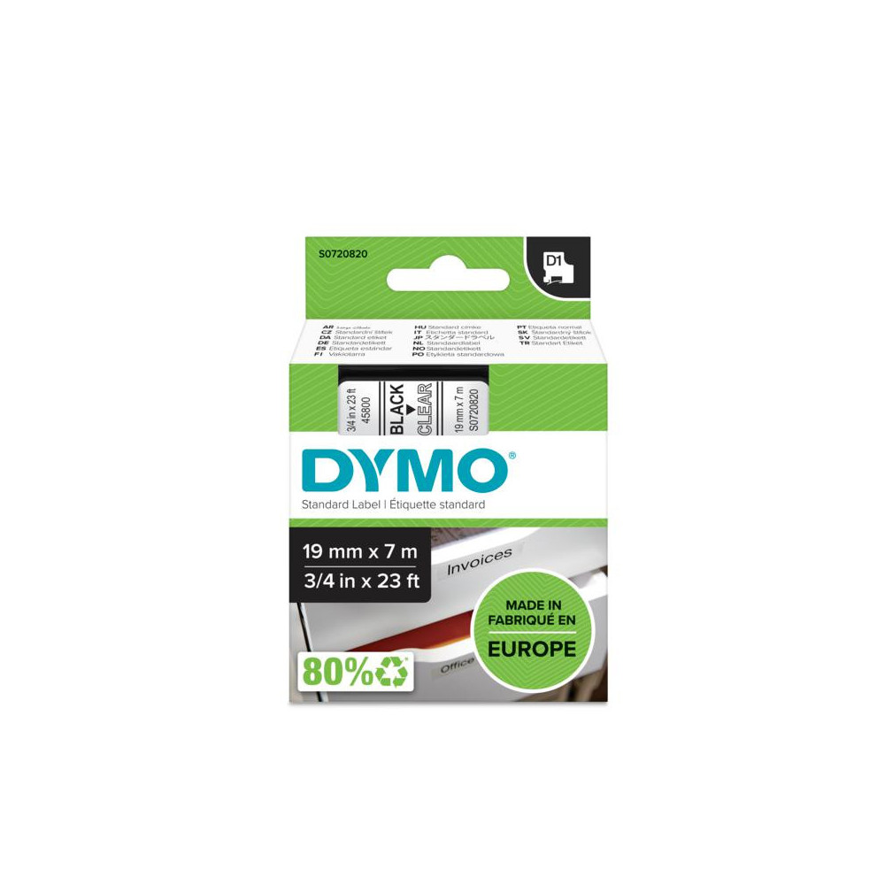 DYMO D1 - Standard Étiquettes - Noir sur transparent - 19mm x 7m