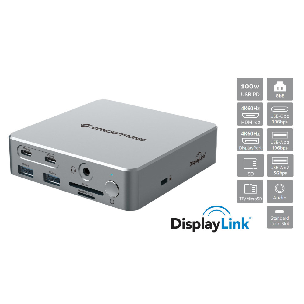 Conceptronic DONN25G station d'accueil Avec fil USB 3.2 Gen 2 (3.1 Gen 2) Type-C Argent Conceptronic DONN25G station d'accueil Avec fil USB 3.2 Gen 2 (3.1 Gen 2) Type-C Argent