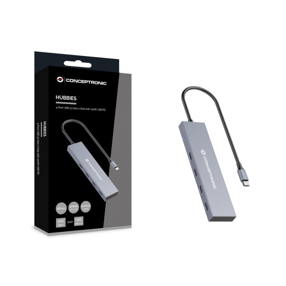 Conceptronic HUBBIES14G hub & concentrateur USB 3.2 Gen 2 (3.1 Gen 2) Type-C 10000 Mbit s Gris