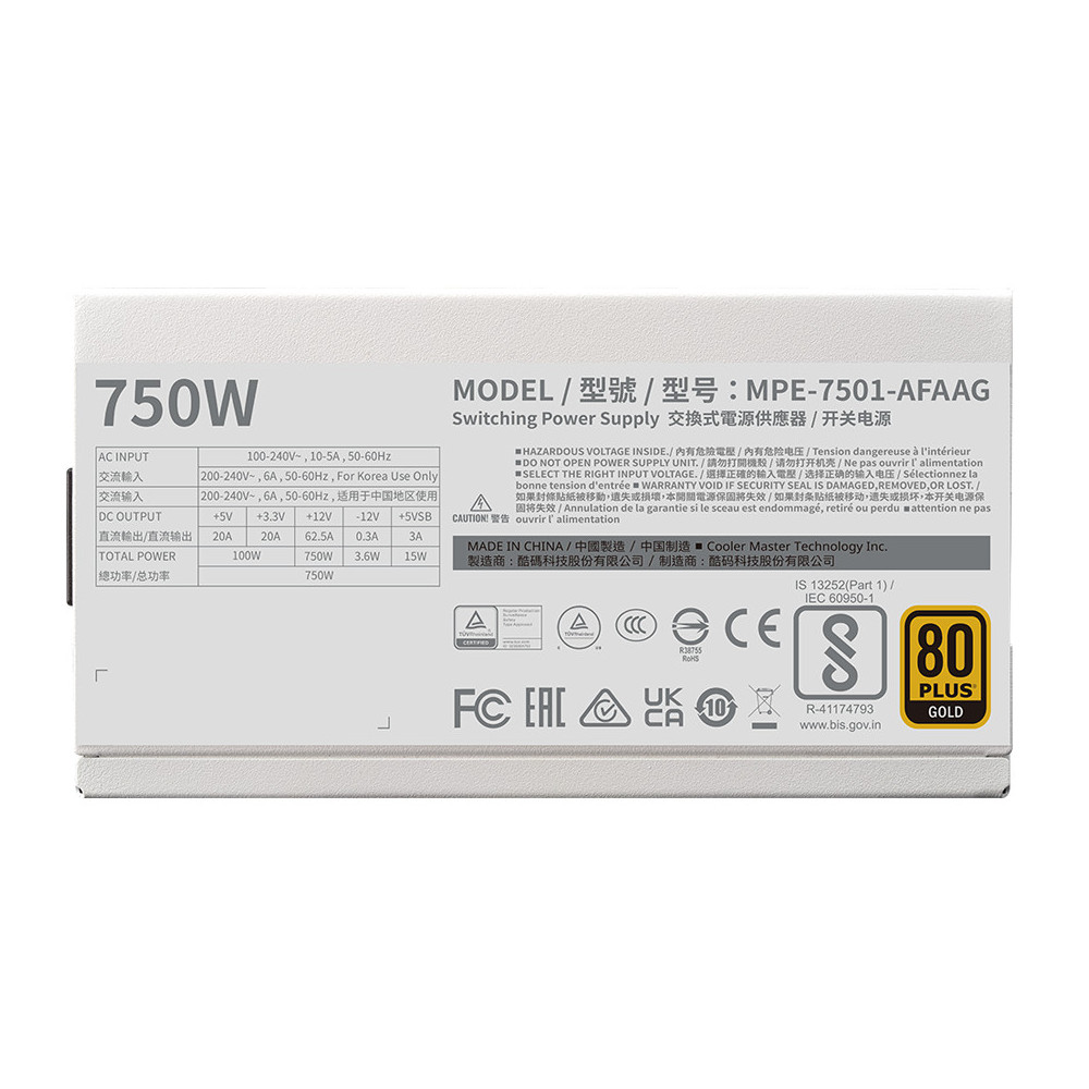 Cooler Master MWE Gold 750 V2 ATX 3.1 White Edition unité d'alimentation d'énergie 750 W 24-pin ATX Blanc