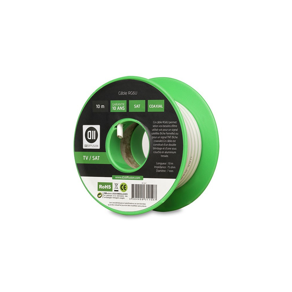 D2 Diffusion D2BOB10 câble coaxial RG-6 U 10 m Blanc D2 Diffusion D2BOB10 câble coaxial RG-6 U 10 m Blanc