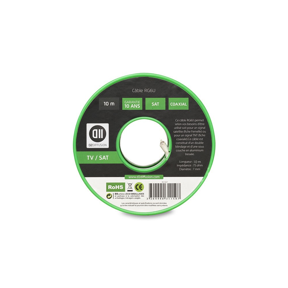 D2 Diffusion D2BOB10 câble coaxial RG-6 U 10 m Blanc