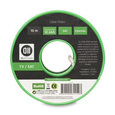 D2 Diffusion D2BOB10 câble coaxial RG-6 U 10 m Blanc