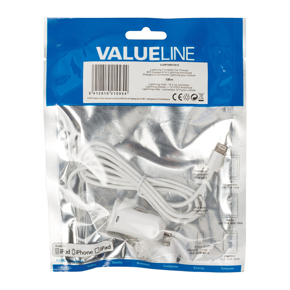 Valueline VLMP39891W10 chargeur d'appareils mobiles MP3, MP4, Smartphone, Tablette Blanc Allume-cigare Auto