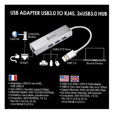 CON00046342 Adaptateur USB3 vers RJ45 GbE +HUB 3p USB3.0 ALU