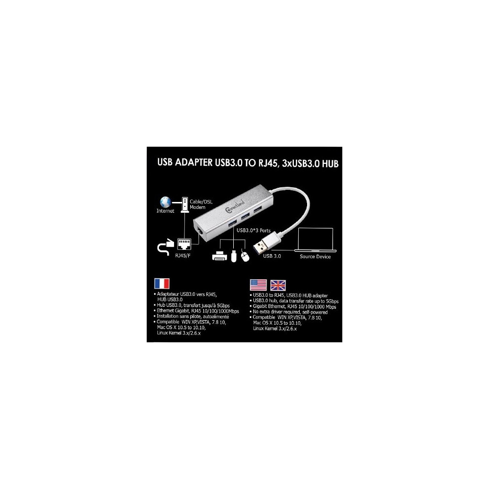 CON00046342 Adaptateur USB3 vers RJ45 GbE +HUB 3p USB3.0 ALU CON00046342 Adaptateur USB3 vers RJ45 GbE +HUB 3p USB3.0 ALU