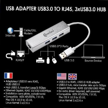 CON00046342 Adaptateur USB3 vers RJ45 GbE +HUB 3p USB3.0 ALU