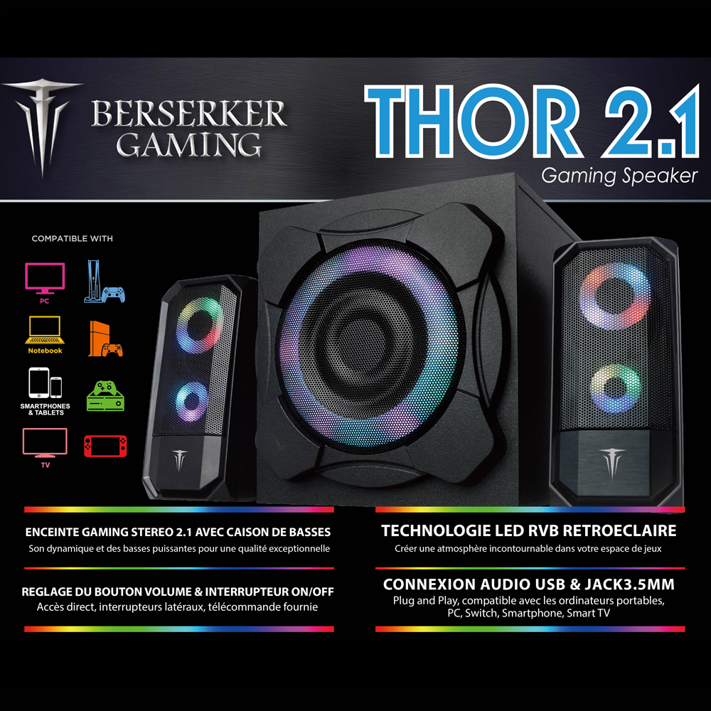 BERHP039289 Haut parleur bluetooth GAMING Thor 2.1 Black Lighting